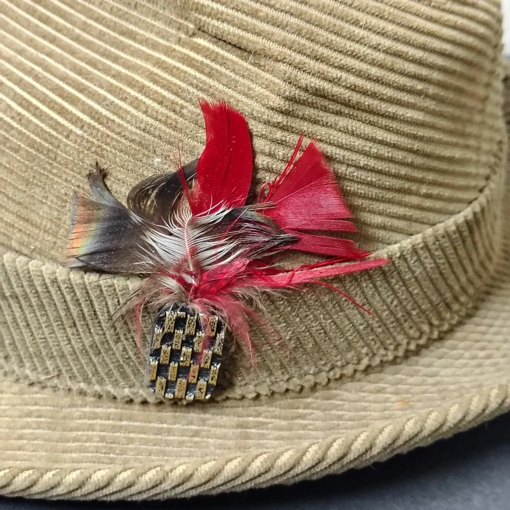 VINTAGE Fedora Hat Men 7 1/8 Gold Corduroy Paisley Lining Feather 1960s